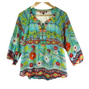 OLIVE HILL Blouse Aztec Mix Print Turquoise Semi Sheer Boho Tunic Top size M